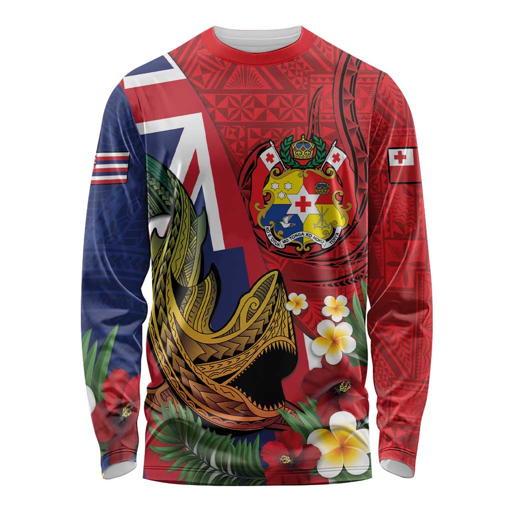 Hawaii And Tonga Long Sleeve Shirt Shark Tattoo With Tongan Coat Of Arms