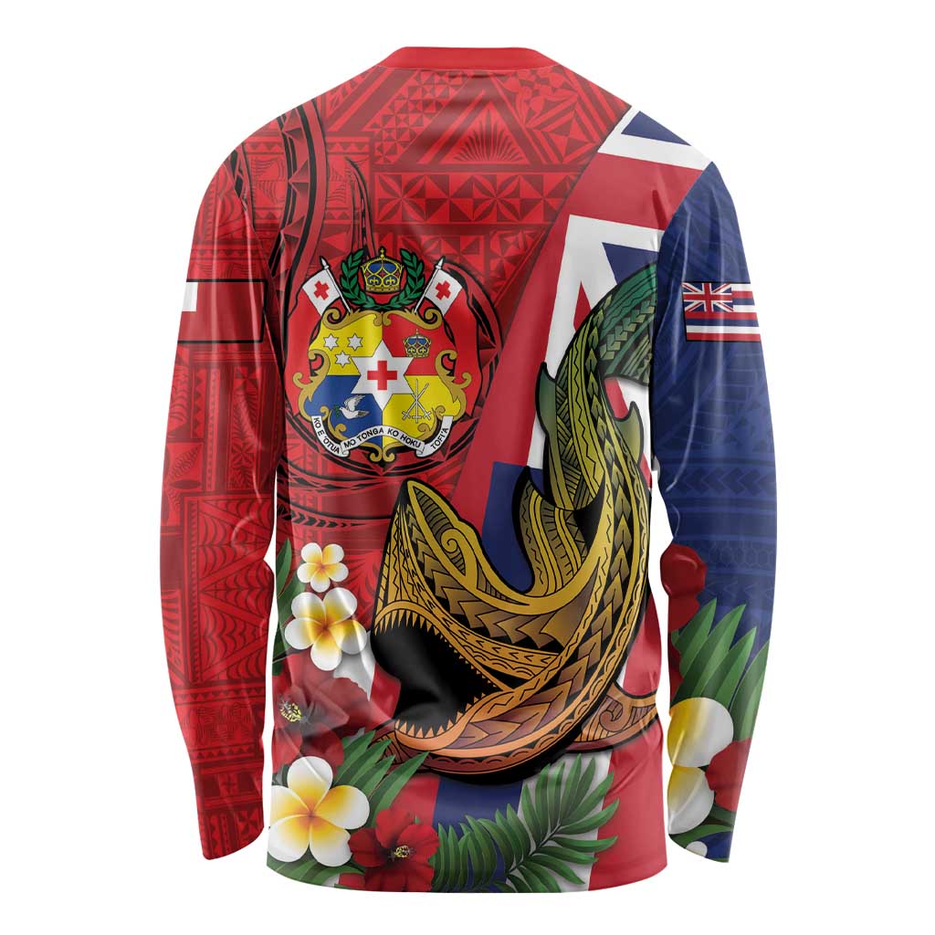 Hawaii And Tonga Long Sleeve Shirt Shark Tattoo With Tongan Coat Of Arms