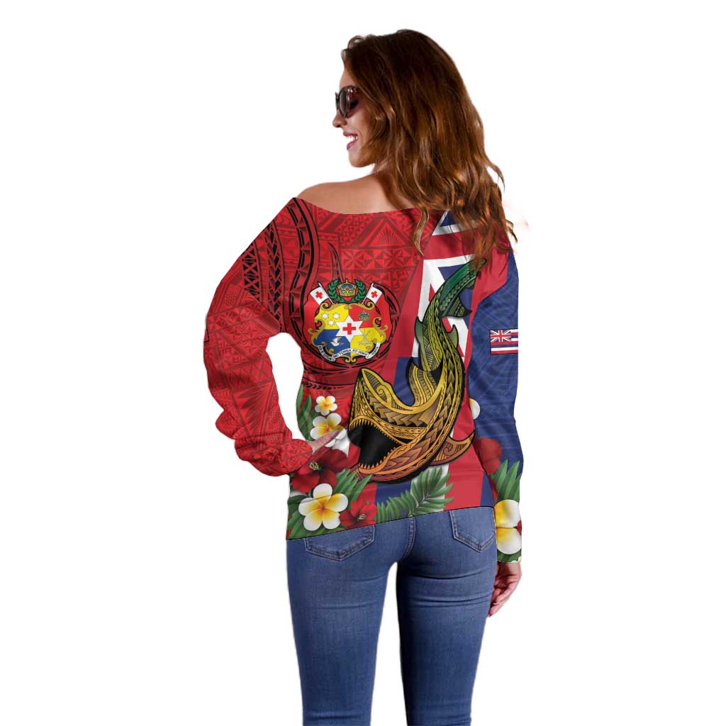 Hawaii And Tonga Off Shoulder Sweater Shark Tattoo With Tongan Coat Of Arms