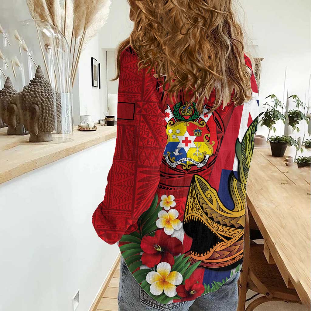 Hawaii And Tonga Women Casual Shirt Shark Tattoo With Tongan Coat Of Arms LT14 - Polynesian Pride