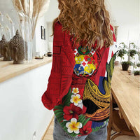 Hawaii And Tonga Women Casual Shirt Shark Tattoo With Tongan Coat Of Arms LT14 - Polynesian Pride