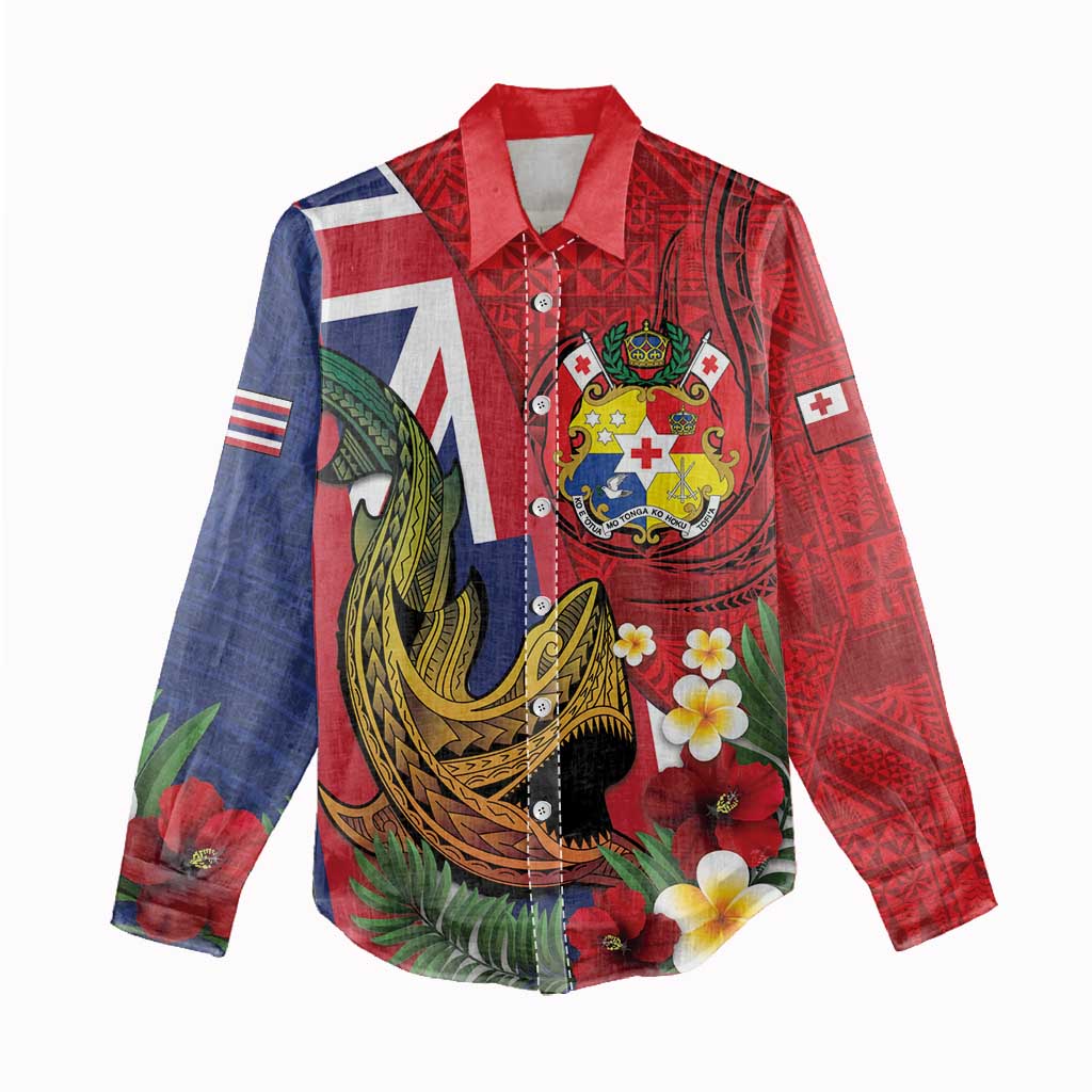 Hawaii And Tonga Women Casual Shirt Shark Tattoo With Tongan Coat Of Arms LT14 - Polynesian Pride