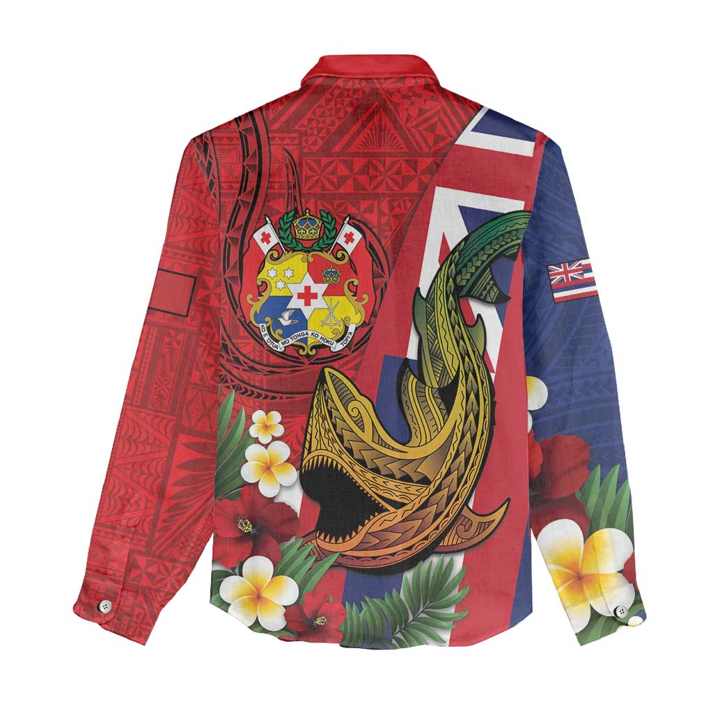 Hawaii And Tonga Women Casual Shirt Shark Tattoo With Tongan Coat Of Arms LT14 - Polynesian Pride