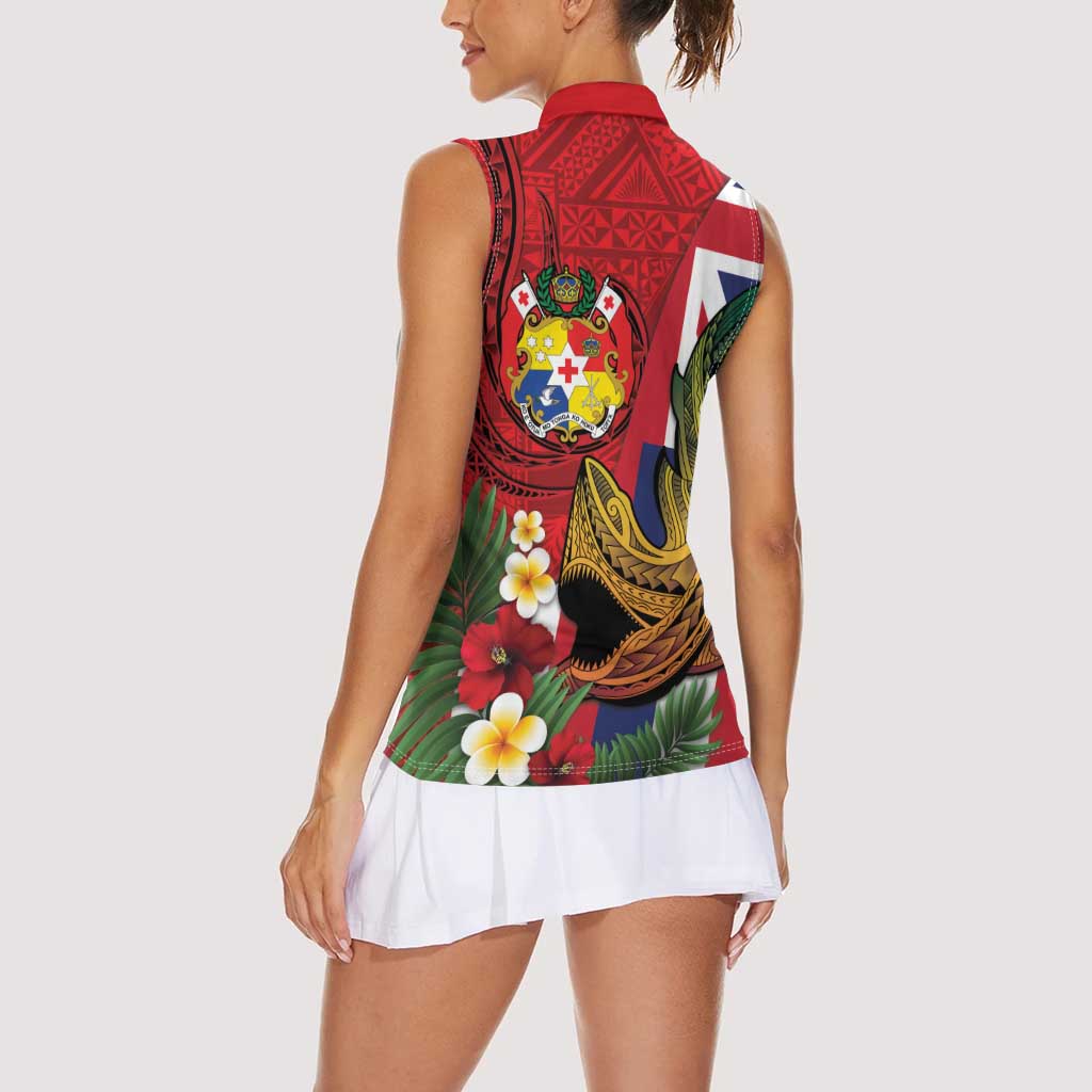 Hawaii And Tonga Women Sleeveless Polo Shirt Shark Tattoo With Tongan Coat Of Arms