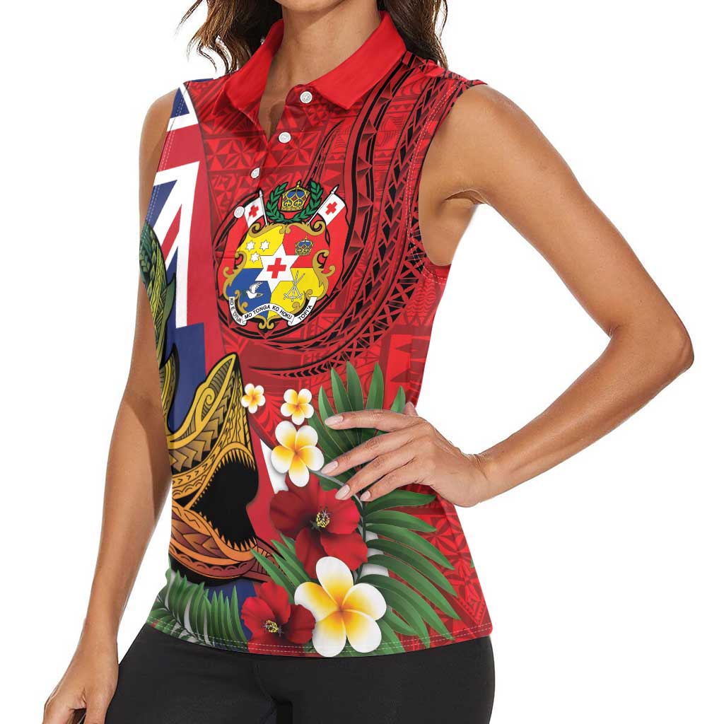Hawaii And Tonga Women Sleeveless Polo Shirt Shark Tattoo With Tongan Coat Of Arms