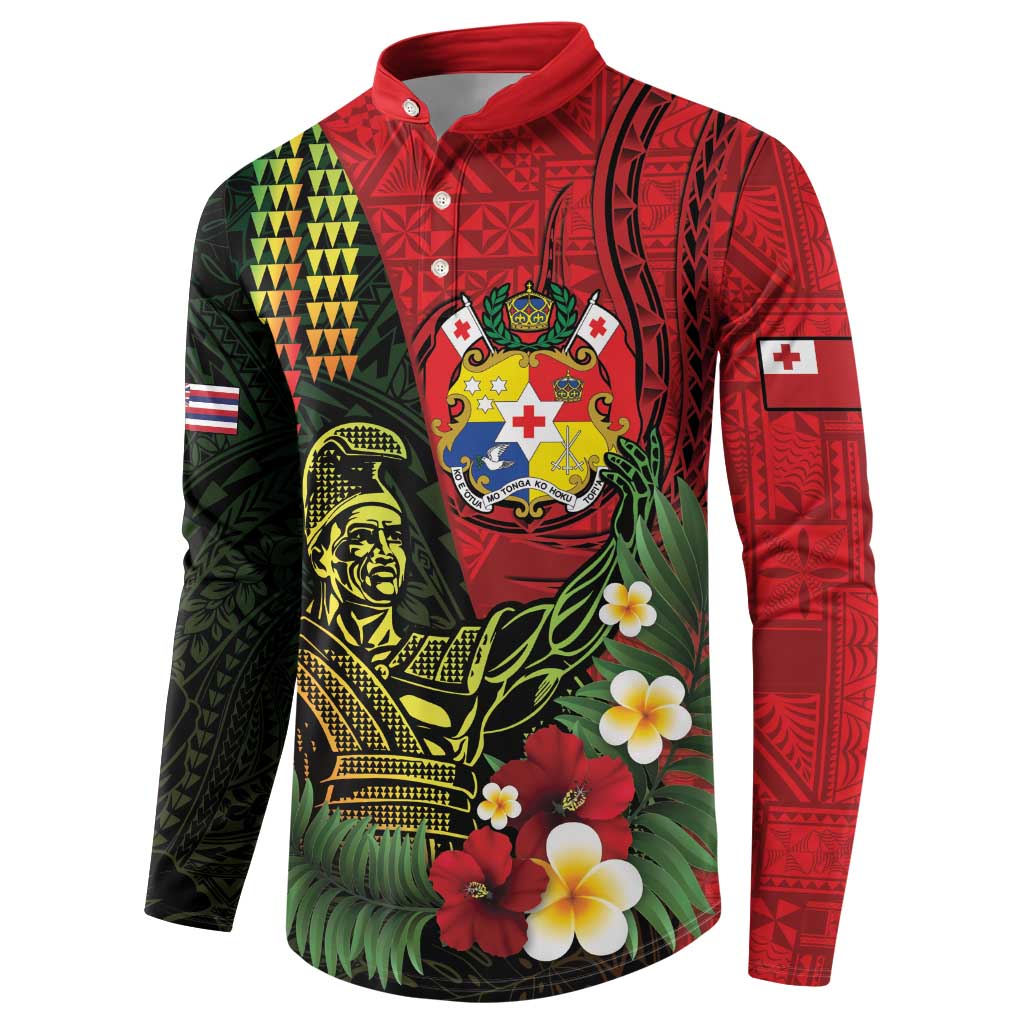 Hawaii And Tonga Button Sweatshirt King Kamehameha Tribal Ngatu Pattern