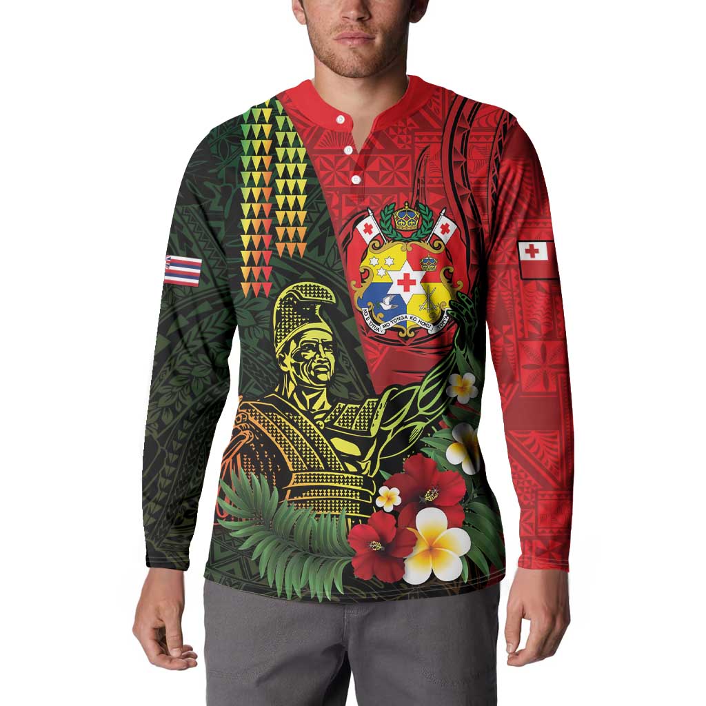 Hawaii And Tonga Button Sweatshirt King Kamehameha Tribal Ngatu Pattern