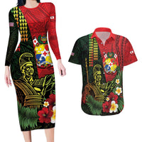 Hawaii And Tonga Couples Matching Long Sleeve Bodycon Dress and Hawaiian Shirt King Kamehameha Tribal Ngatu Pattern
