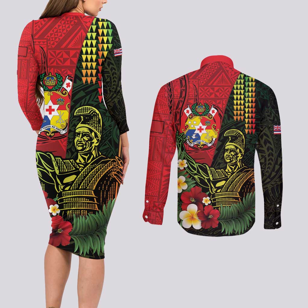 Hawaii And Tonga Couples Matching Long Sleeve Bodycon Dress and Long Sleeve Button Shirt King Kamehameha Tribal Ngatu Pattern