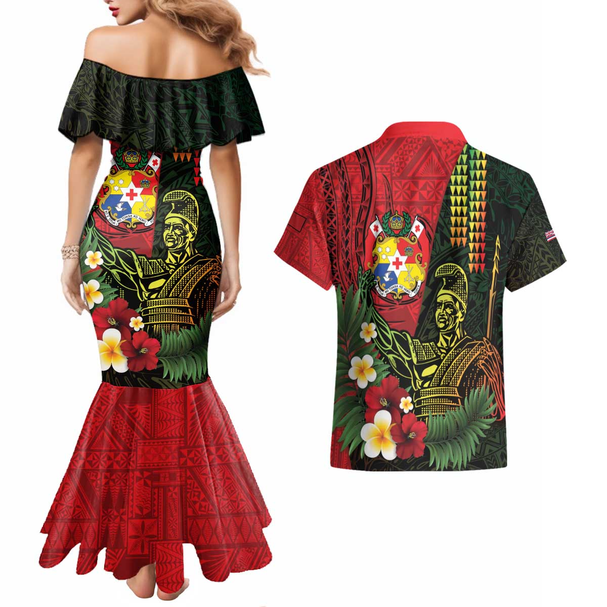Hawaii And Tonga Couples Matching Mermaid Dress and Hawaiian Shirt King Kamehameha Tribal Ngatu Pattern