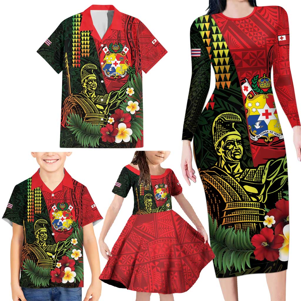Hawaii And Tonga Family Matching Long Sleeve Bodycon Dress and Hawaiian Shirt King Kamehameha Tribal Ngatu Pattern LT14 - Polynesian Pride