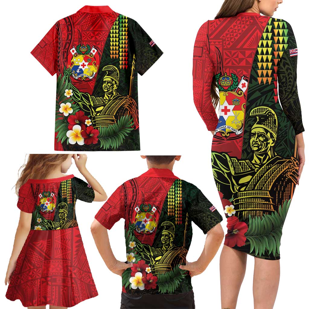 Hawaii And Tonga Family Matching Long Sleeve Bodycon Dress and Hawaiian Shirt King Kamehameha Tribal Ngatu Pattern LT14 - Polynesian Pride