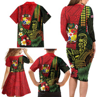 Hawaii And Tonga Family Matching Long Sleeve Bodycon Dress and Hawaiian Shirt King Kamehameha Tribal Ngatu Pattern LT14 - Polynesian Pride