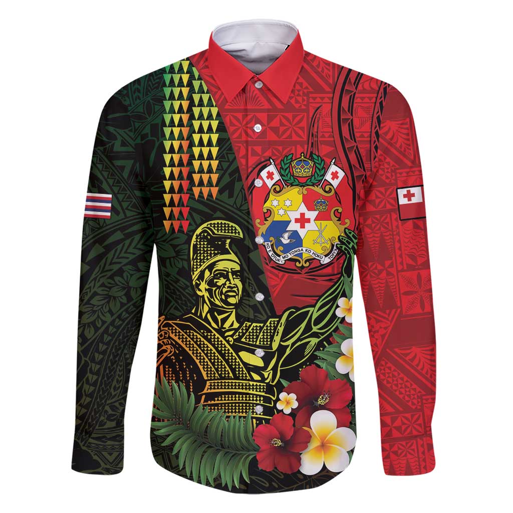 Hawaii And Tonga Family Matching Long Sleeve Bodycon Dress and Hawaiian Shirt King Kamehameha Tribal Ngatu Pattern LT14 Dad's Shirt - Long Sleeve Red - Polynesian Pride