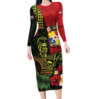 Hawaii And Tonga Family Matching Long Sleeve Bodycon Dress and Hawaiian Shirt King Kamehameha Tribal Ngatu Pattern LT14 Mom's Dress Red - Polynesian Pride
