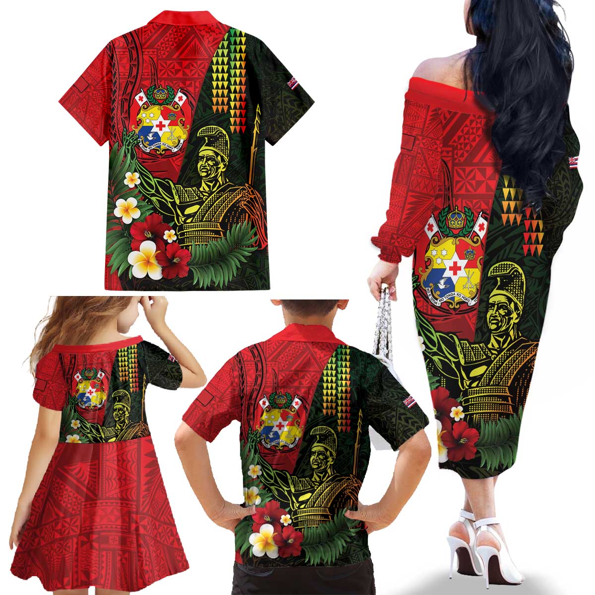 Hawaii And Tonga Family Matching Off The Shoulder Long Sleeve Dress and Hawaiian Shirt King Kamehameha Tribal Ngatu Pattern