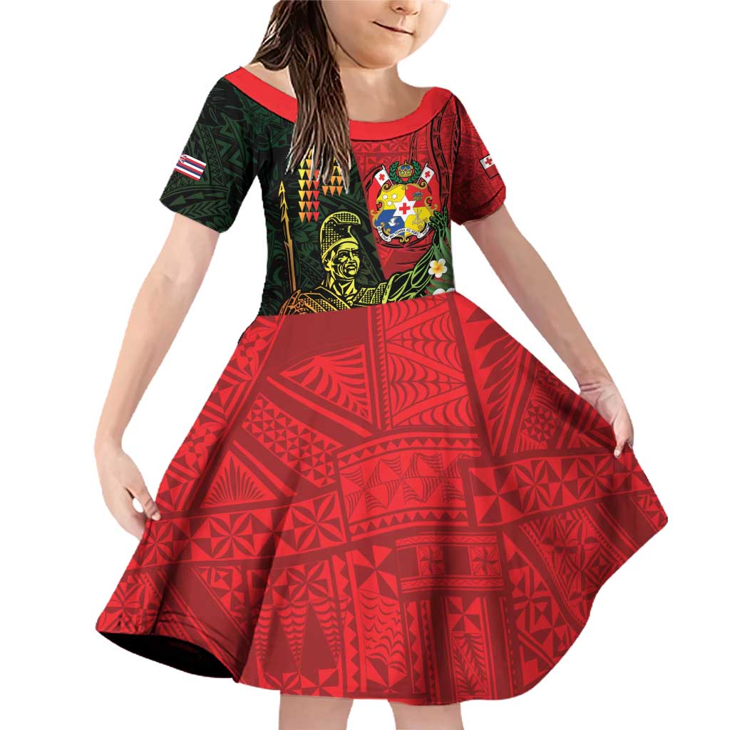 Hawaii And Tonga Family Matching Off Shoulder Short Dress and Hawaiian Shirt King Kamehameha Tribal Ngatu Pattern LT14 Daughter's Dress Red - Polynesian Pride