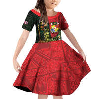 Hawaii And Tonga Family Matching Off Shoulder Short Dress and Hawaiian Shirt King Kamehameha Tribal Ngatu Pattern LT14 Daughter's Dress Red - Polynesian Pride
