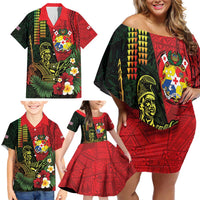 Hawaii And Tonga Family Matching Off Shoulder Short Dress and Hawaiian Shirt King Kamehameha Tribal Ngatu Pattern LT14 - Polynesian Pride