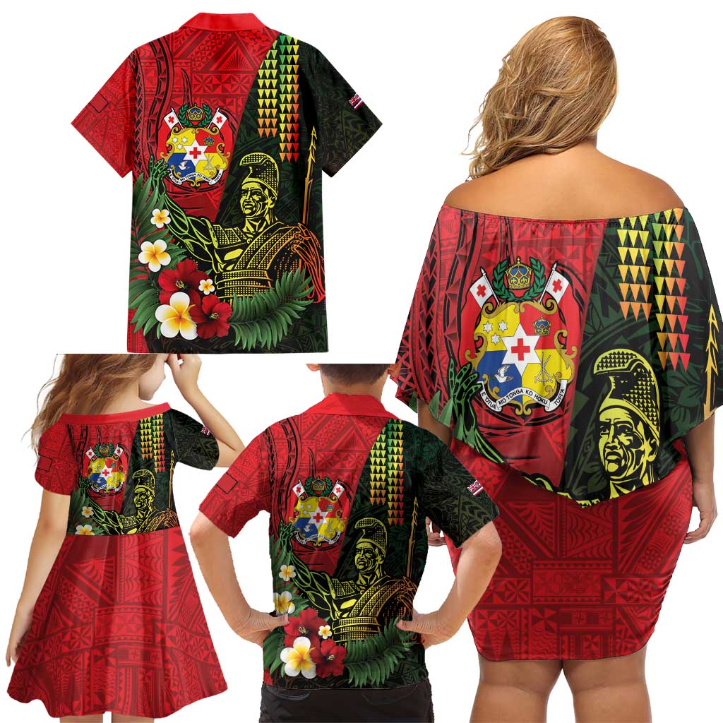 Hawaii And Tonga Family Matching Off Shoulder Short Dress and Hawaiian Shirt King Kamehameha Tribal Ngatu Pattern LT14 - Polynesian Pride