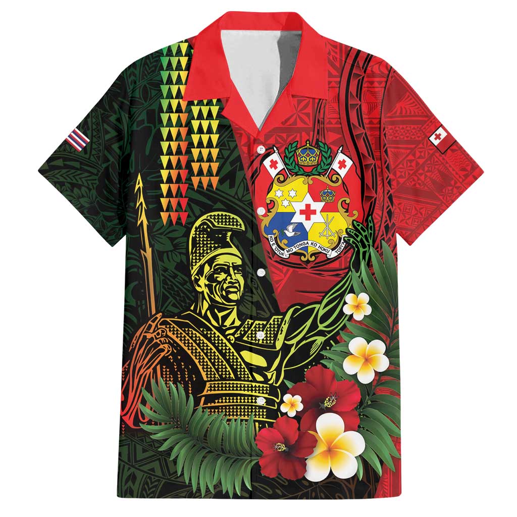 Hawaii And Tonga Family Matching Off Shoulder Short Dress and Hawaiian Shirt King Kamehameha Tribal Ngatu Pattern LT14 Dad's Shirt - Short Sleeve Red - Polynesian Pride
