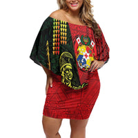 Hawaii And Tonga Family Matching Off Shoulder Short Dress and Hawaiian Shirt King Kamehameha Tribal Ngatu Pattern LT14 Mom's Dress Red - Polynesian Pride