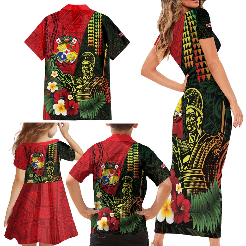 Hawaii And Tonga Family Matching Short Sleeve Bodycon Dress and Hawaiian Shirt King Kamehameha Tribal Ngatu Pattern LT14 - Polynesian Pride