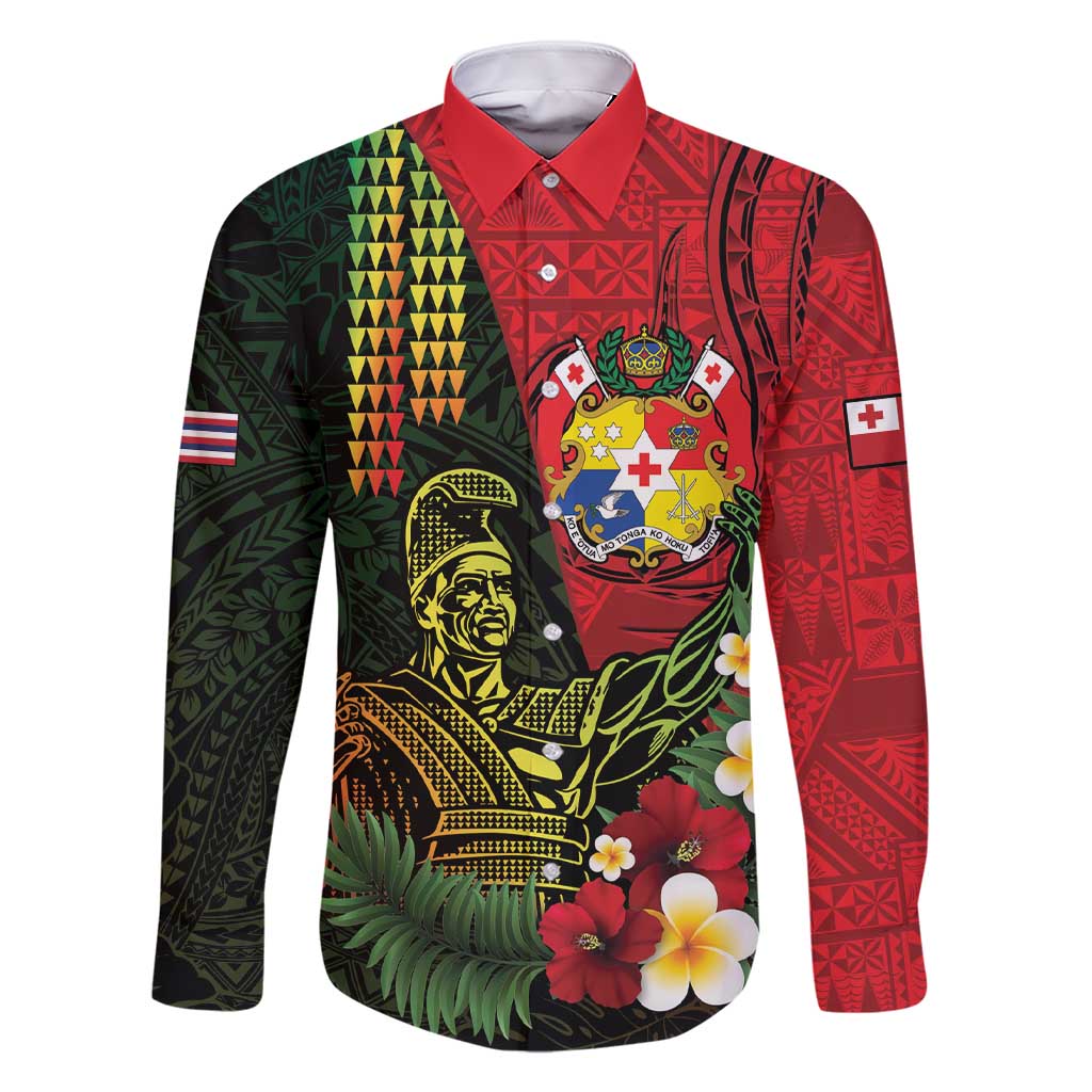 Hawaii And Tonga Family Matching Short Sleeve Bodycon Dress and Hawaiian Shirt King Kamehameha Tribal Ngatu Pattern LT14 Dad's Shirt - Long Sleeve Red - Polynesian Pride