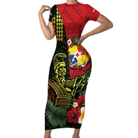 Hawaii And Tonga Family Matching Short Sleeve Bodycon Dress and Hawaiian Shirt King Kamehameha Tribal Ngatu Pattern LT14 Mom's Dress Red - Polynesian Pride