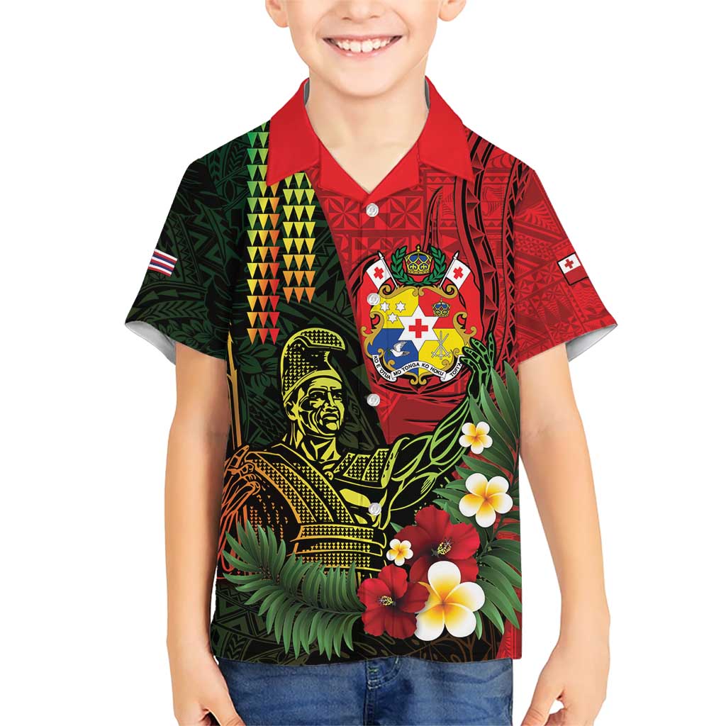 Hawaii And Tonga Family Matching Short Sleeve Bodycon Dress and Hawaiian Shirt King Kamehameha Tribal Ngatu Pattern LT14 Son's Shirt Red - Polynesian Pride