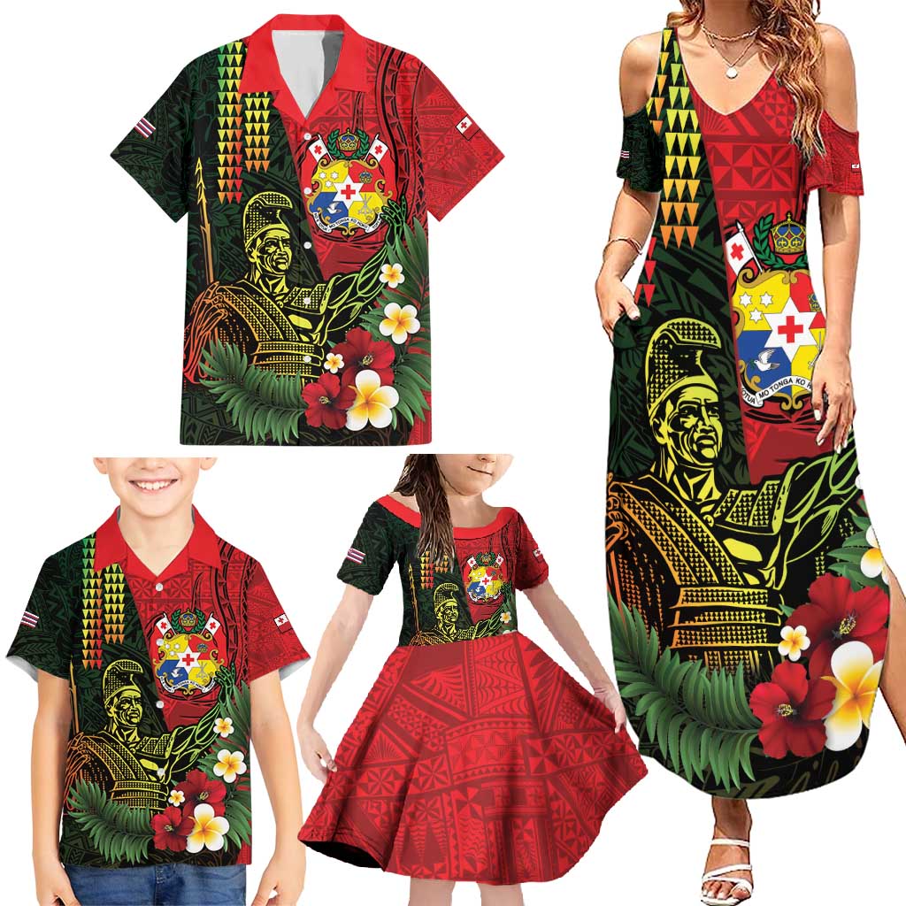 Hawaii And Tonga Family Matching Summer Maxi Dress and Hawaiian Shirt King Kamehameha Tribal Ngatu Pattern