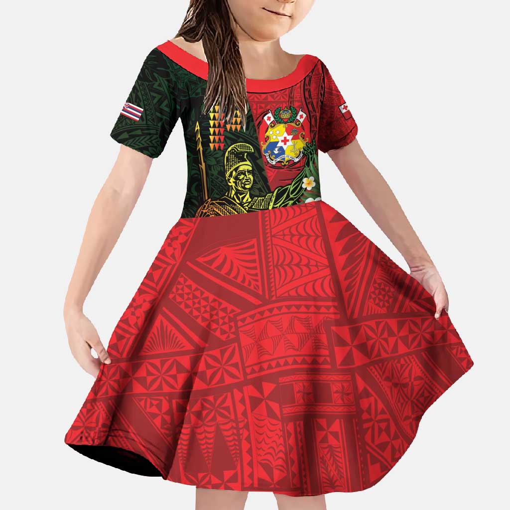 Hawaii And Tonga Family Matching Tank Maxi Dress and Hawaiian Shirt King Kamehameha Tribal Ngatu Pattern LT14 Daughter's Dress Red - Polynesian Pride