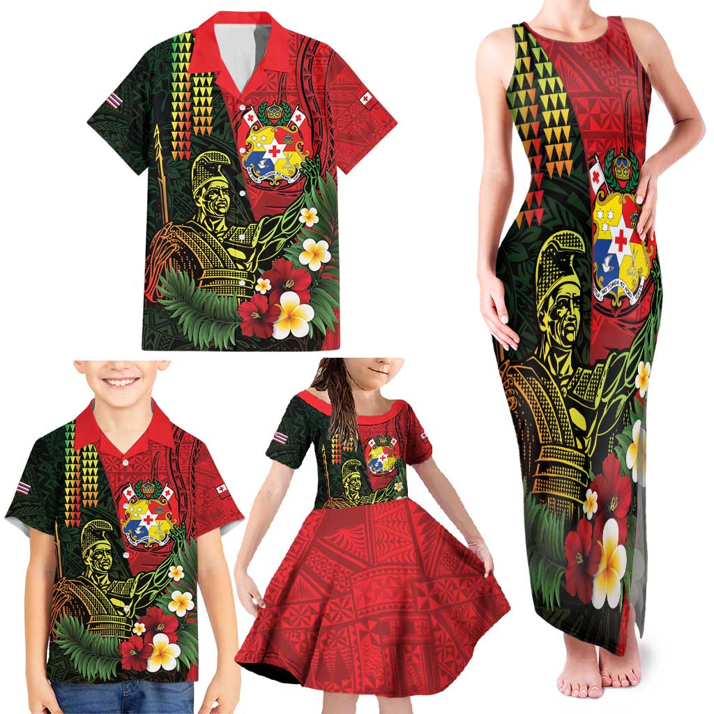 Hawaii And Tonga Family Matching Tank Maxi Dress and Hawaiian Shirt King Kamehameha Tribal Ngatu Pattern LT14 - Polynesian Pride