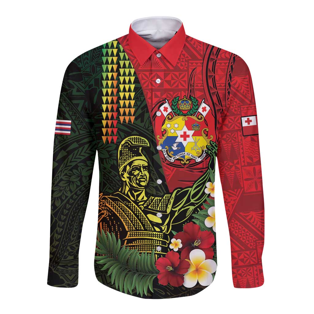 Hawaii And Tonga Long Sleeve Button Shirt King Kamehameha Tribal Ngatu Pattern