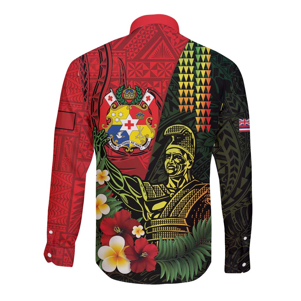Hawaii And Tonga Long Sleeve Button Shirt King Kamehameha Tribal Ngatu Pattern