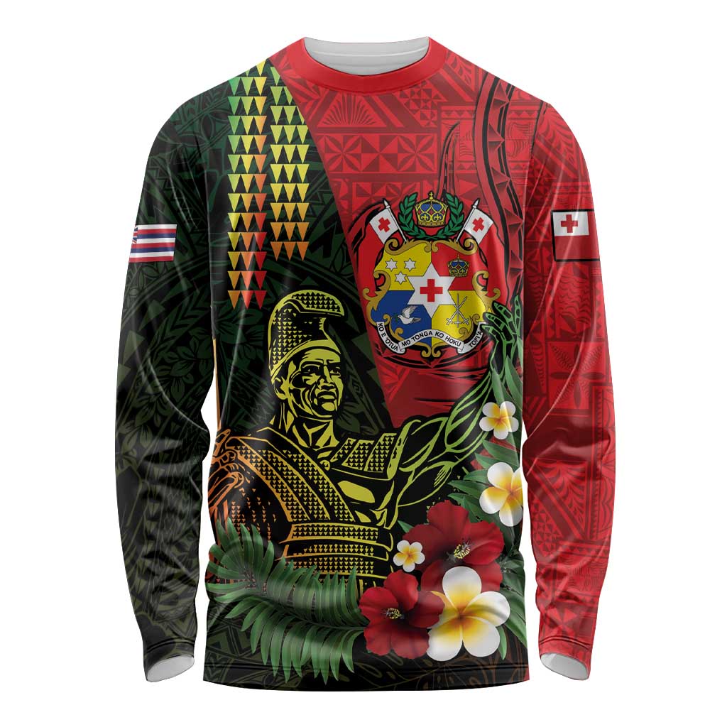 Hawaii And Tonga Long Sleeve Shirt King Kamehameha Tribal Ngatu Pattern