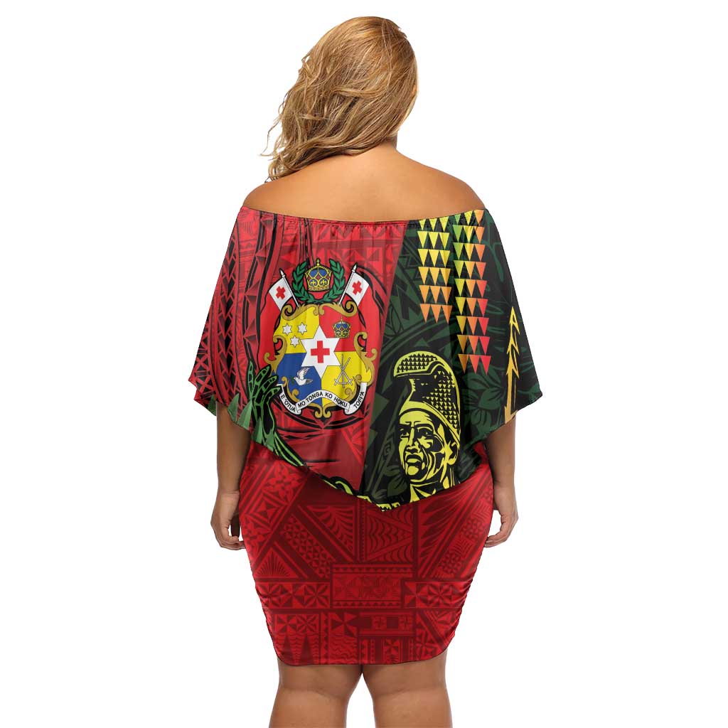 Hawaii And Tonga Off Shoulder Short Dress King Kamehameha Tribal Ngatu Pattern LT14 - Polynesian Pride