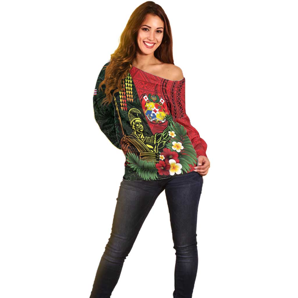 Hawaii And Tonga Off Shoulder Sweater King Kamehameha Tribal Ngatu Pattern