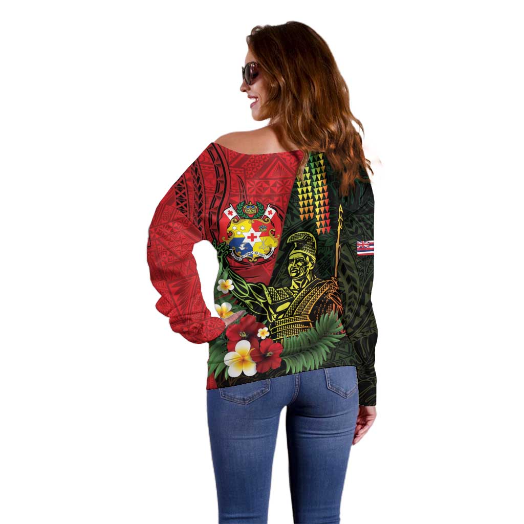 Hawaii And Tonga Off Shoulder Sweater King Kamehameha Tribal Ngatu Pattern