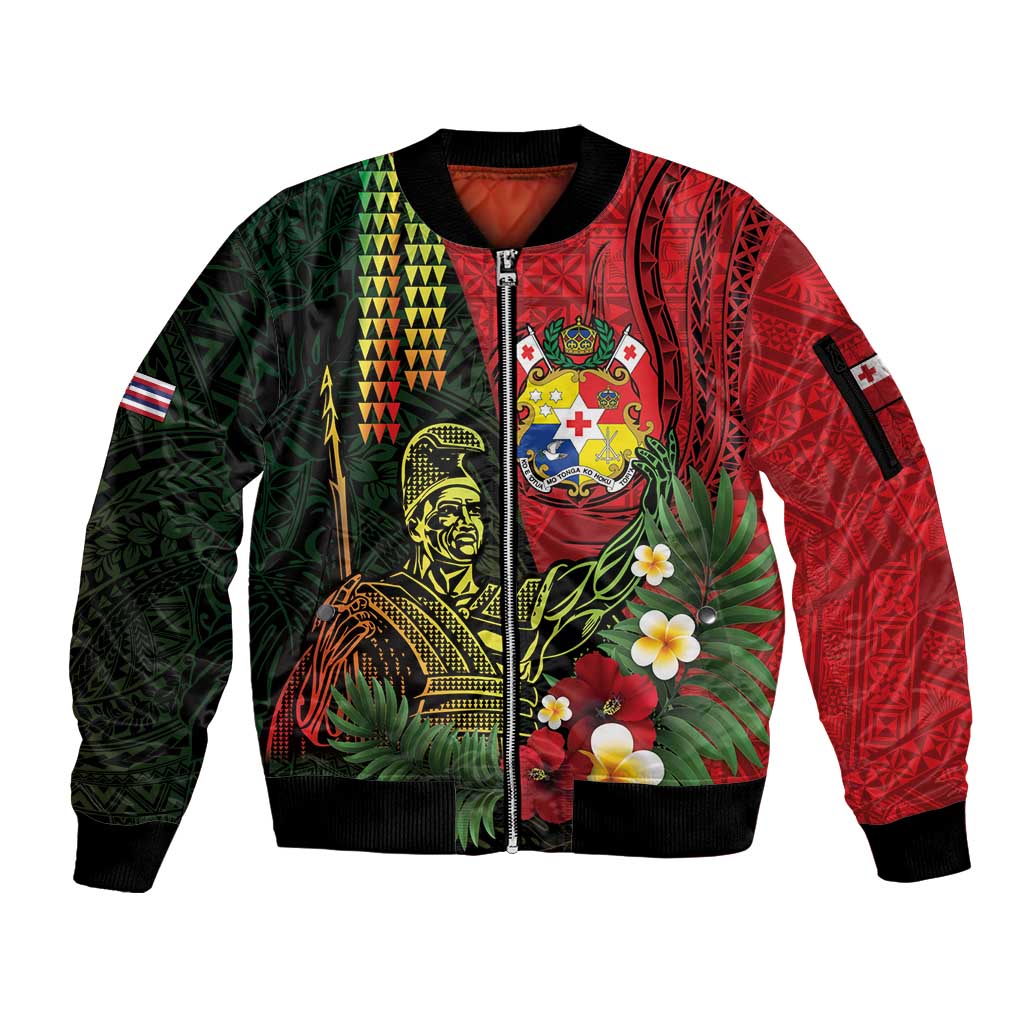 Hawaii And Tonga Sleeve Zip Bomber Jacket King Kamehameha Tribal Ngatu Pattern