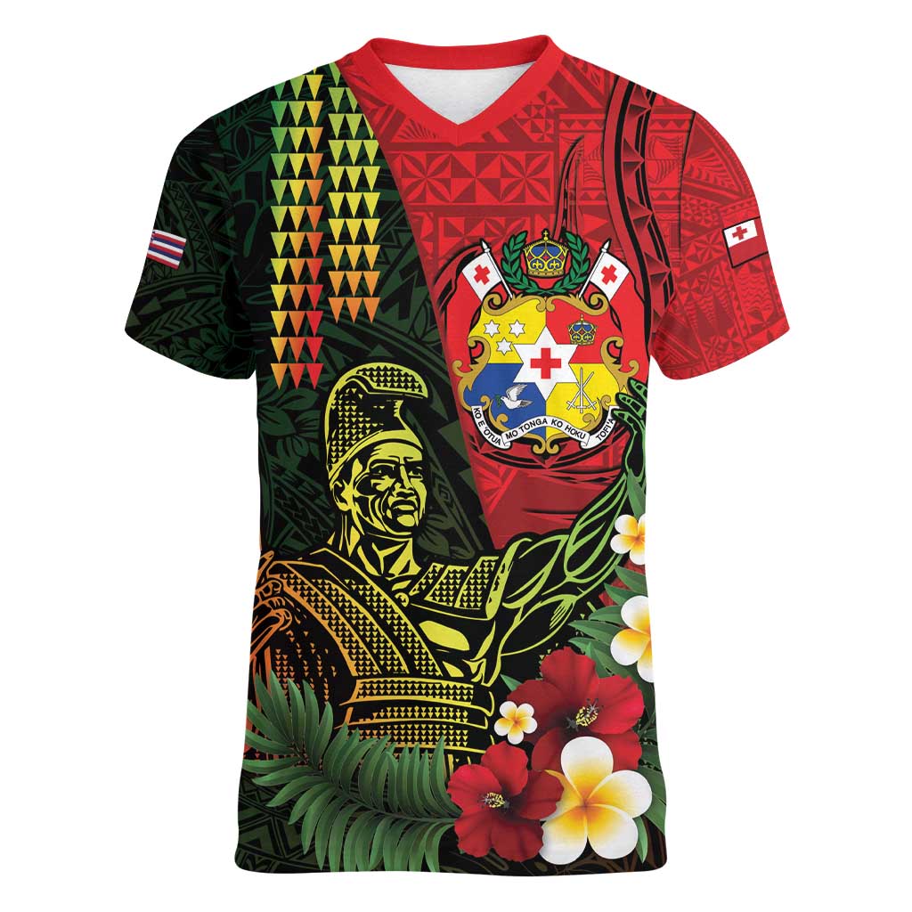 Hawaii And Tonga Women V-Neck T-Shirt King Kamehameha Tribal Ngatu Pattern