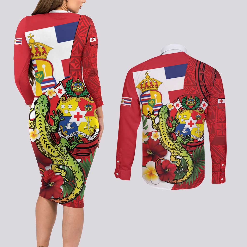 Hawaii And Tonga Couples Matching Long Sleeve Bodycon Dress and Long Sleeve Button Shirt King Kalakaua Tribal Gecko Tongan Ngatu