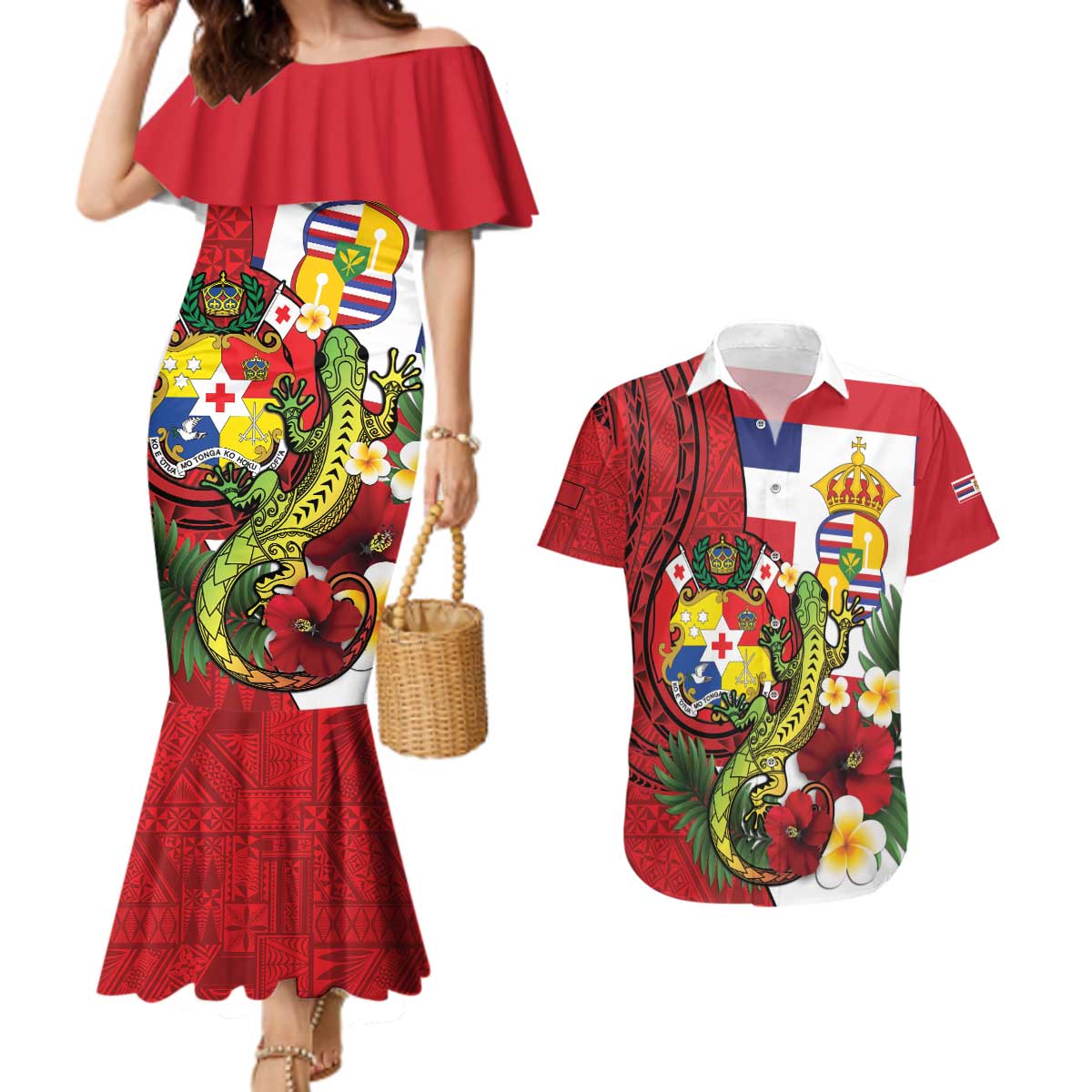 Hawaii And Tonga Couples Matching Mermaid Dress and Hawaiian Shirt King Kalakaua Tribal Gecko Tongan Ngatu