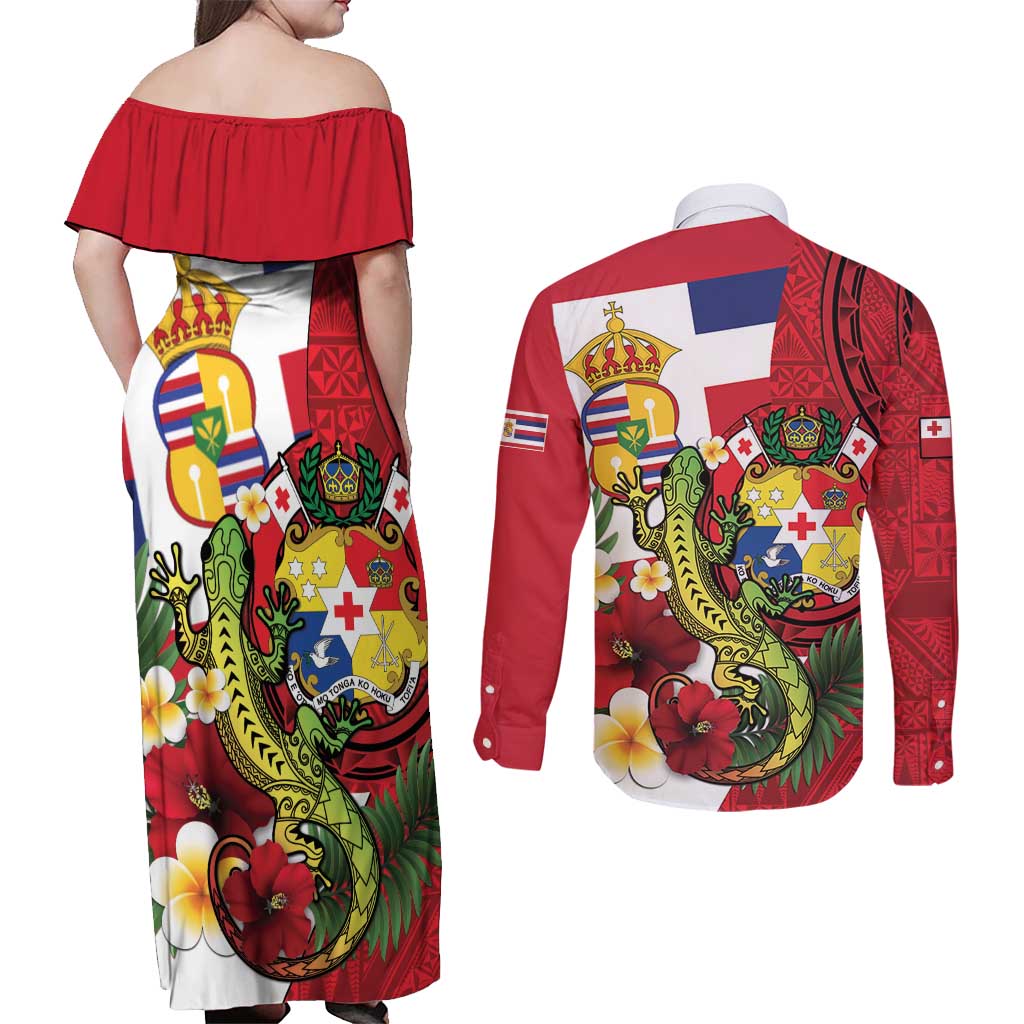 Hawaii And Tonga Couples Matching Off Shoulder Maxi Dress and Long Sleeve Button Shirt King Kalakaua Tribal Gecko Tongan Ngatu LT14 - Polynesian Pride