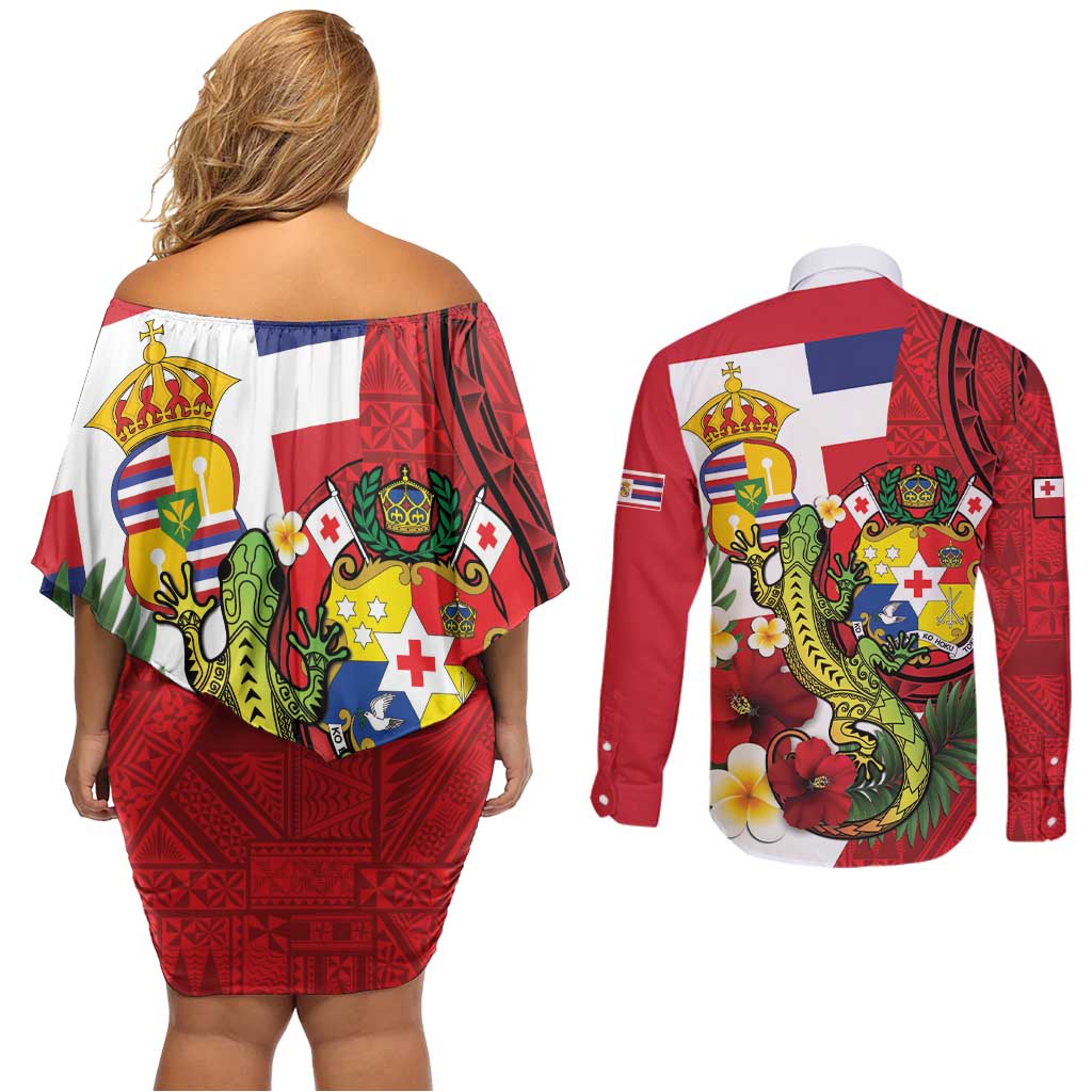 Hawaii And Tonga Couples Matching Off Shoulder Short Dress and Long Sleeve Button Shirt King Kalakaua Tribal Gecko Tongan Ngatu LT14 - Polynesian Pride