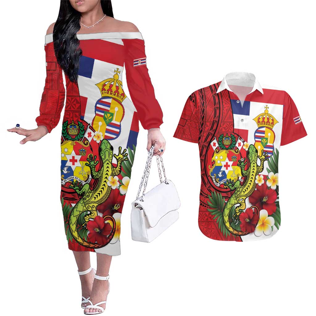 Hawaii And Tonga Couples Matching Off The Shoulder Long Sleeve Dress and Hawaiian Shirt King Kalakaua Tribal Gecko Tongan Ngatu