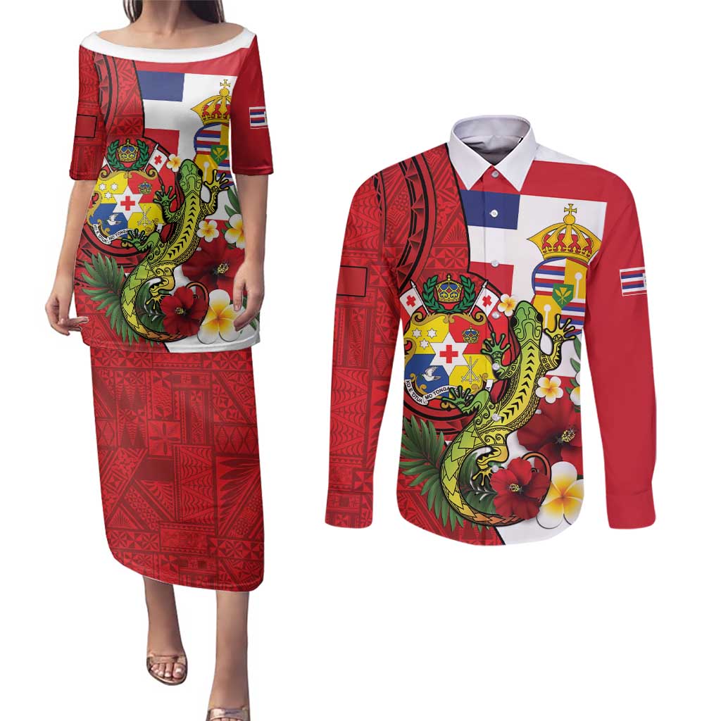 Hawaii And Tonga Couples Matching Puletasi and Long Sleeve Button Shirt King Kalakaua Tribal Gecko Tongan Ngatu