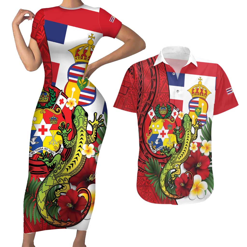 Hawaii And Tonga Couples Matching Short Sleeve Bodycon Dress and Hawaiian Shirt King Kalakaua Tribal Gecko Tongan Ngatu