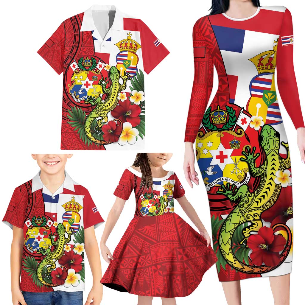 Hawaii And Tonga Family Matching Long Sleeve Bodycon Dress and Hawaiian Shirt King Kalakaua Tribal Gecko Tongan Ngatu LT14 - Polynesian Pride