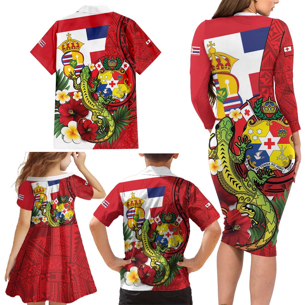 Hawaii And Tonga Family Matching Long Sleeve Bodycon Dress and Hawaiian Shirt King Kalakaua Tribal Gecko Tongan Ngatu LT14 - Polynesian Pride